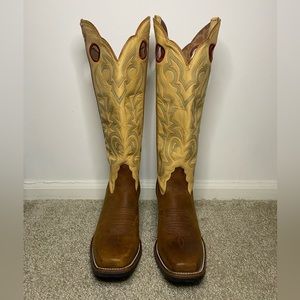 Tony Lama Buckaroo Square Toed Cowboy Boots in Brown w/ Colorful Stitching